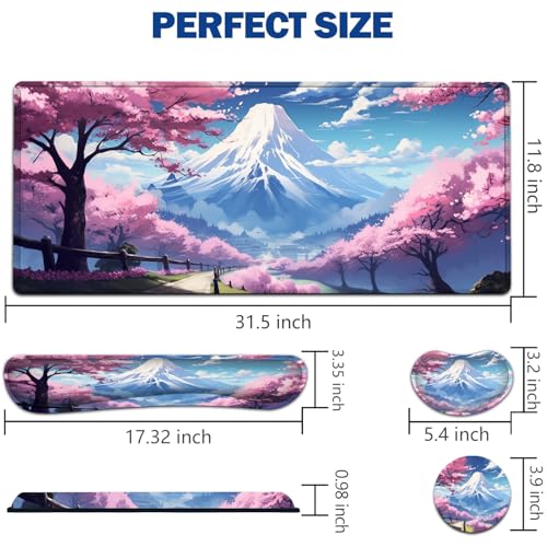 Large Mouse Pad + Keyboard Wrist Rest Set, Extended Gaming Mousepad (31.5X11.8 inch) with Non-Slip Rubber, Ergonomics Memory Foam Mouse Wrist Rest Support, Mt Fuji and Cherry Blossom XXL Desk Pad - color: Yu-Mouse Pad-3-B40