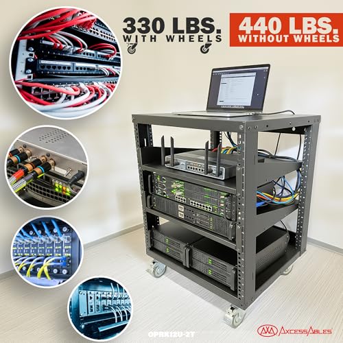 AxcessAbles 12U Open Frame Network & AV Rack with Caster Wheels, Two 2U Shelves, 10-32 & Cage Nut Compatible Rails, Cage Nuts, Screws, Cage Nut Tool & Wall Mount Kit | 19-Inch Rack - size: 12U - 2 Shelves