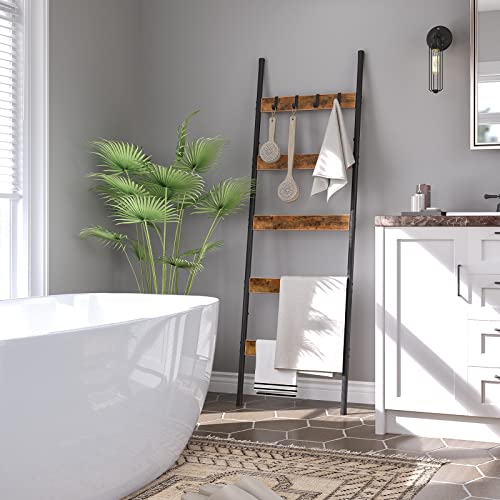 HOOBRO Blanket Ladder, 5-Tier Towel Rack with Hooks, Wall-Leaning Blanket Rack, Decorative Display Ladder Shelf, for Scarves, Industrial, Living Room, Bedroom, Rustic Brown and Black BF52CJ01 - color: Rustic Brown + Black, size: 17.3"L x 63"W