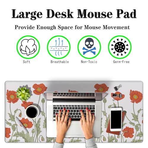 Gaming Mouse Pad Red Work Desk Mat, Large Mouse Pads Computer Deskmat, The Desk Mat Non-Slip Rubber Base Waterproof with Stitched Edges, 35.4" X 15.7" for Work/Game/Office/Home Poppies Flower - color: Red Poppies Flower