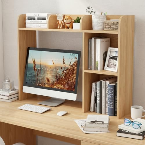 Tangkula Desktop Bookshelf, Countertop Storage Hutch with 5 Shelves for Computer Desk, 3-Tier Display Rack, Multipurpose Wood Storage Organizer for Dorm Office Home - color: Natural, size: 5 Shelves