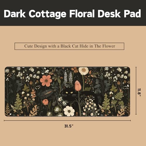 Black Cat Floral Desk Mat, Large Mouse Pad for Keyboard and Mouse, 31.5"x11.8" Extended Office Desk Pad with Stitched Edges, Non-Slip Rubber Base Desktop Accessories for Office - color: Black Cat Floral, size: 31.5L x 11.8W inches
