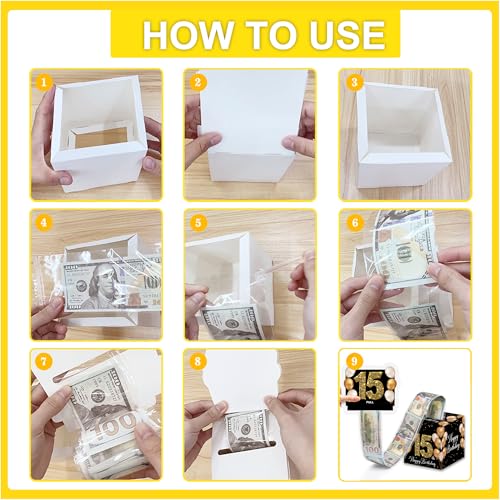 VIVORA 15th Birthday Money Box for Cash Pull, Happy Birthday Black Gold Boxes Gifts for Money Pull Out Card, 50Pcs Transparent Bags - color: Blackgold15th