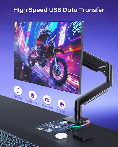 Afaloona Single Monitor Arm with RGB Lighting & 3 USB Ports, Gas Spring Monitor Mount for 13-32 Inch Screens up to 19.8lbs, Desk Mount with Charging & Data Transfer, Full Motion Adjustable - size: RGB Gas Spring Monitor Stand
