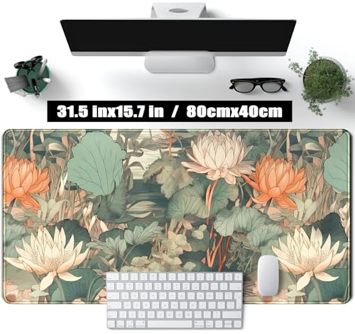 Light Emerald and Orange Floral Desk Mat, XXL Large Extended Mouse Pad Gaming Desk Pad, Aesthetic Asian Lotus Flower Big Laptop Keyboard and Mouse Mat for Women Desktop Office Decor 31.5x15.7 in - color: Light Emerald and Orange Lotus