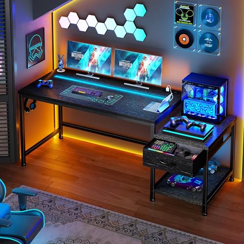 56 Inch Gaming Desk with Printer Shelf and LED Lights,Reversible Computer Desk with Drawers and Power Outlets,Study Table with Hooks for Headphone,Bags,Black Desk Work Desk for Teen Bedroom,Dorm - color: Black, size: 56inch