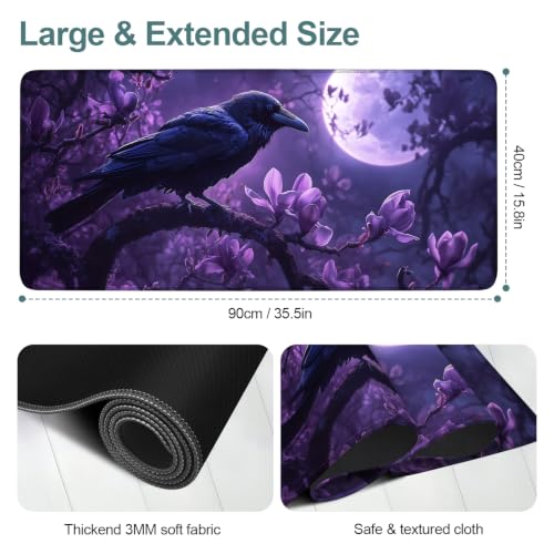 Purple Raven Extended Gaming Mouse Pad 35.4 x 15.7 Inch, Moonlit Floral Crow Large Desk Mat, Gothic Desk Pad with Non Slip Rubber Base for Gaming Setup and Office Desk - color: #50-90, size: 35.4 x 15.7 Inch