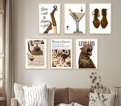 6Pcs Trendy Retro Leopard Wall Art Preppy Cheetah Wall Decor Stockholm Style Posters Stylish Female Aesthetic Pictures Y2k Coquette Luxury Painting for Women Bedroom Apartment Dorm 12x16in Unframed - size: 12x16in
