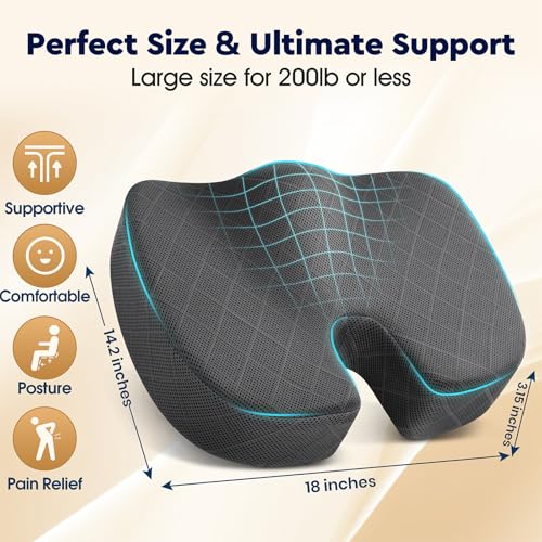 TushGuard Seat Cushion - Memory Foam Sitting Pillow for Office Chair, Car Seat, Airplane, Bleacher - Sciatica & Hip & Coccyx Pain Relief Desk Chair Cushion for Long Sitting Office Workers, Car Drivers - color: Grey, size: Large