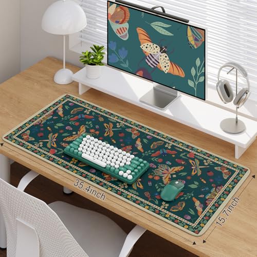 iCasso Desk Mat, Desk Matt for Desktop, Cute Desk Pad Mat, XXL Large Mouse Pad for Desk, Anti-Slip Big Mousepad with Stitched Edges, Keyboard Pad Mouse Mat for Computer(Green) - color: Butterfly-green