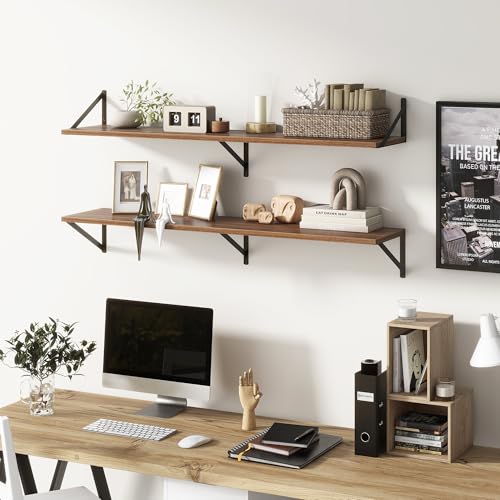 Floating Shelves 48 Inch Long, 10" Deep Floating Shelves, Walnut Wall Shelves 48 x 10, Set of 2, Wide Large Display Storage Shelves for Bathroom, Living Room, Rustic Wood Shelves with Brackets - color: Walnut, size: 48"W x 10"D