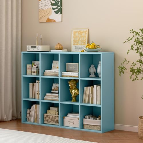 OSCHF 12-Cube Storage Shelf Bookcase - Wooden 3-Tier Floor Standing Open Bookshelf for Home and Office, Display Cabinet, Light Blue - color: Light Blue, size: 12-Cube