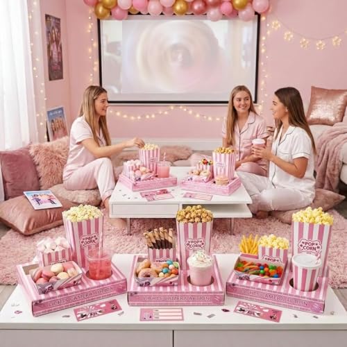 100 PCS Pink Movie Night Party Supplies Set, Movie Snack Trays with Popcorn Boxes, Treat Boxes and Invitation Cards, Cute Disposable Snack Holders for Girls' Night Birthday Sleepover Pajama