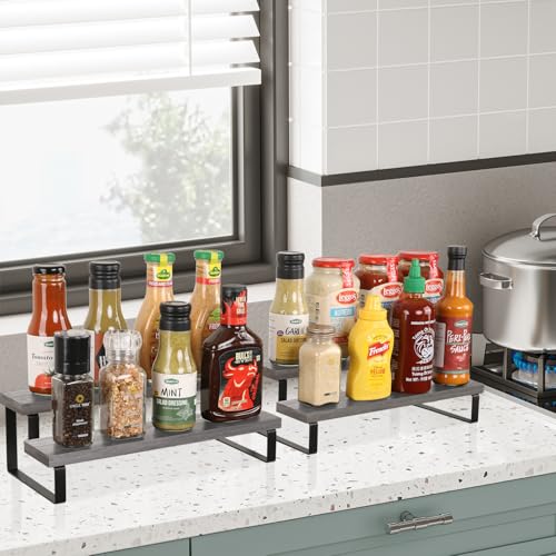 YINMIT Wooden Display Riser Stand, Tiered Perfume and Cologne Organizer Stand, 2 Tier Spice Rack Organizer, Rustic Display Shelf for Candles (2 Tier,2Pack,Grey) - color: 2 Tier,2Pack,Grey