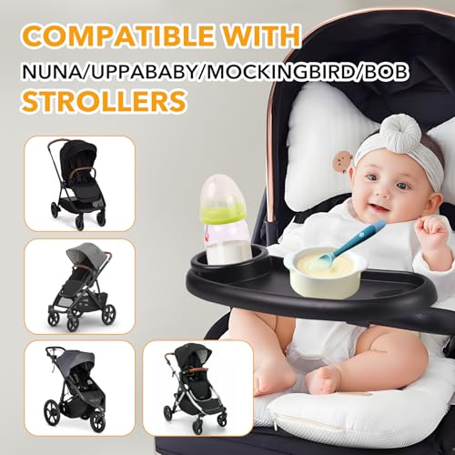 Snack Tray Compatible with Mockingbird,Nuna,Evenflo Stroller | Adjustable Stroller Snack Tray with Cup Holder and Phone Holder, Stroller Accessories Black