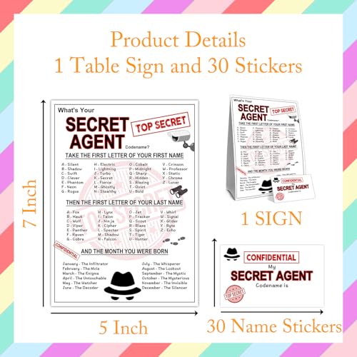 What's Your Secret Agent Name Game Card Set, Spy Codename Generator Game Card, Secret Agent Birthday Party Game Cards, 1 Agent Name Sign, 30 Spy Names Sticker, Birthday Party Decor for Boys Girls - style: Secret Agent