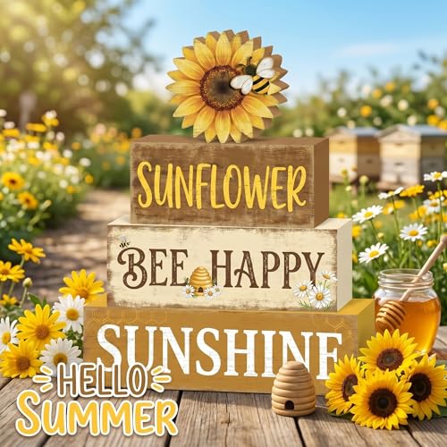 4 Pcs Summer Sunflower Kitchen Table Decor Bee Happy Summer Tiered Tray Decor Farmhouse Home Decorations Yellow Floral Wooden Signs Shelf Sitter Home Kitchen Office Decorations - style: Sunflower