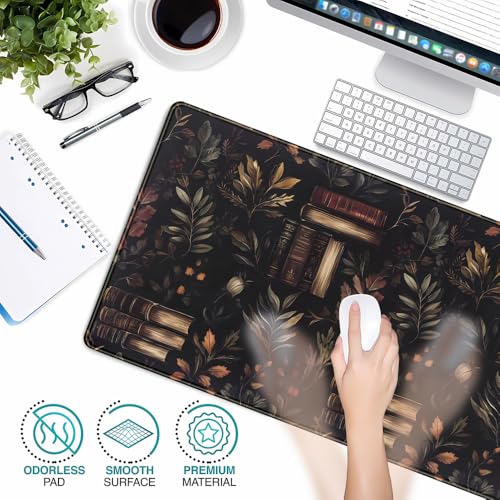 Vintage Plant Desk Mat Gaming Large Mouse Pad, Vintage Books Gothic Desk Pad Bookcase Mouse Mat XXL Laptop Keyboard Pad, Laptop Keyboard Mousepad Aesthetic Accessories for Women 31.5" X 15.7" - color: Vintage Black