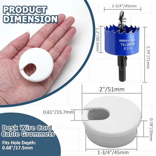 8pcs 1-3/4 Inch Desk Grommet with Drilling Hole Saw, Plastic Desk Hole Cover, White Cable Hole Cover, Desk Hole Grommet for Wire Cord Organizing Office Computer Desk - color: White, size: 1-3/4 Inch