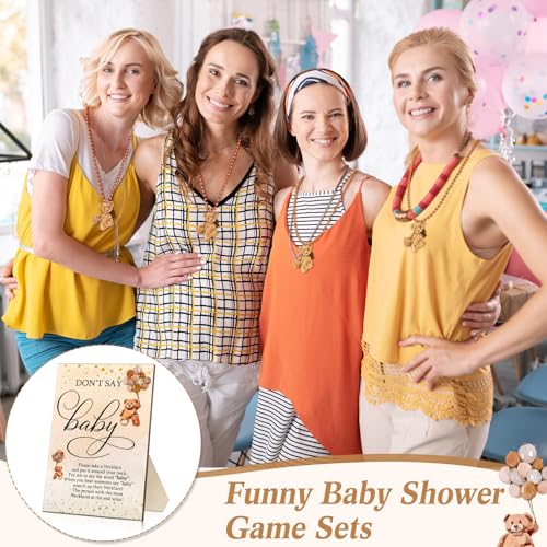 Roowest 51 Don't Say Baby Shower Game Wooden Sign Table Decor Gift Sets 50 Necklaces Felt Bear Pattern Necklaces for Baby Shower Gender Reveal Games Party Favor(Brown)