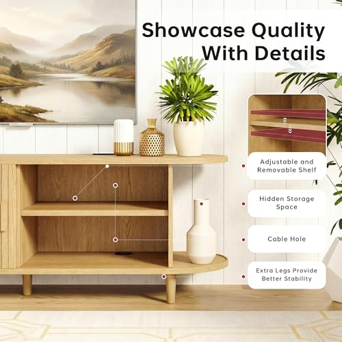 MXV 70" Mid-Century Modern TV Consoles with Sliding Doors, TV Stand with Power Outlet, Fluted Entertainment Center with Adjustable Shelves, for Living Room - color: Oak, size: 70in