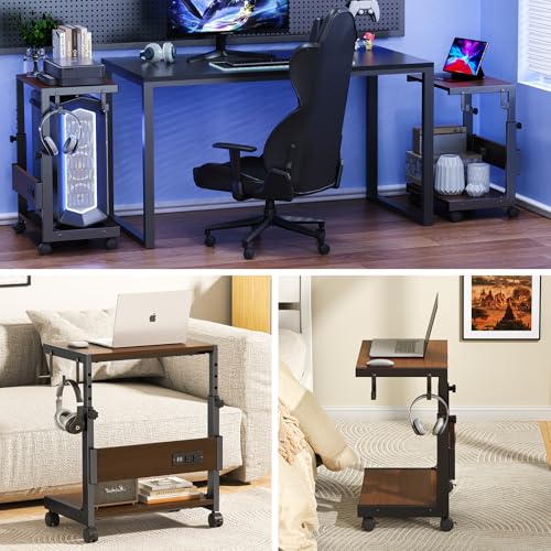 Computer Tower Stand with Charge Station and USB Charging Port - Height Adjustable PC Tower Stand, Under Desk CPU Holder Cart with Locking Caster Wheels for Fits Most PC - color: Brown