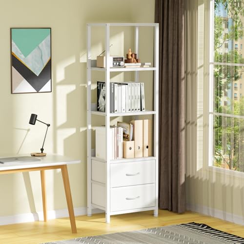 Furnulem 4-Tier Corner Shelf, Bookshelf with 2 Storage Drawers, 57.28”Tall Narrow Bookcase, Standing Shelf Organizer Unit for Living Room, Bedroom, Metal Frame, Wood Display Shelf - color: White, size: 4 Tier