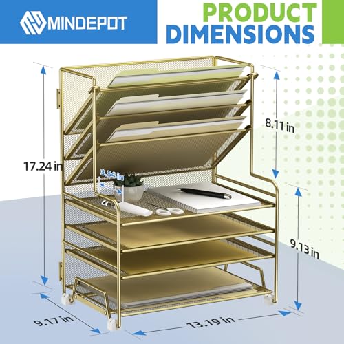 MINDEPOT 4-Tier Paper Organizer + 3-Pocket File Holder + Drawer + Pen Holders, Desktop File Organizers Paper Tray for Office Supplies School Classroom Organization (Gold, no Drawer & Pen Holder) - color: Gold, no Drawer & Pen Holder