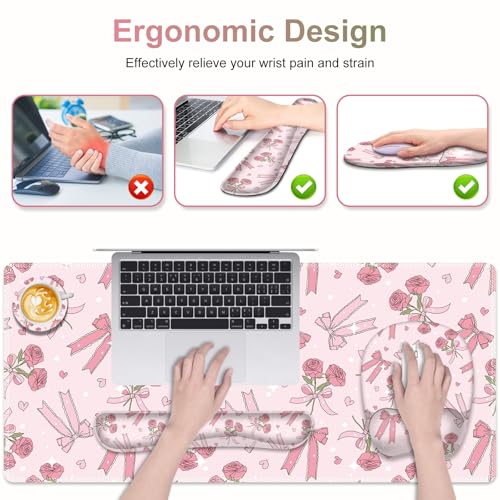 Pink Mouse Pad with Wrist Support 4 in1 Set, XXL Big Game Mousepad + Keyboard Wrist Rest + Mouse Wrist Rest Pad +Coaster Gaming Mat for Home Office Work Computer Laptop PC I Sweet Rose & Heart Bow - color: Sweet Rose & Heart Bow