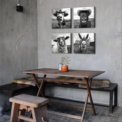 Cow Picture Wall Decor Farmhouse Black and White Animals Wall Art Western Sheep Donkey Horse Painting Artwork for Living Room Country Funny Farm Poultry Poster Cowboy Bedroom Home Decoration 12x12" 4P - color: BWanimal4P, size: 12x12in