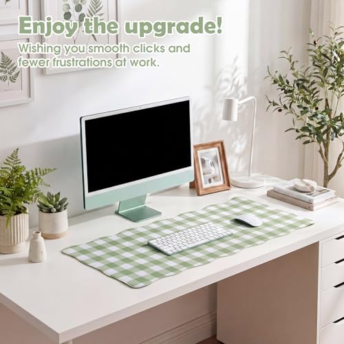 Copkim 1 Pcs Scalloped Green Gingham Desk Mat 31.5 x 11.8 Inch Large Cute Mouse Pad Computer Mat Non Slip Waterproof Rubber Base with Border Stitching Soft Keyboard Pad for Home Office Gaming Makeup - color: Green, style: Gingham