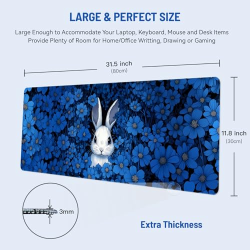 Mousepad Desk Mat Gaming Large Keyboard Cute Office Desktop Computer Laptop XXL Long Big Kawaii Aesthetic Girly Pretty Design Women Girl Gamer Oversized Wide 30x12'' Mousepad, Blue Rabbit - color: Blue Rabbit