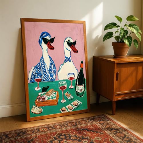 ZHXICHEN Fun Dining Room or Kitchen Decor Quirky Animal Poster Retro Wall Art with Ducks and Wine Colorful Dining Scene Painting Print for Kitchen, Bar, or Living Room Home Decor 16x24 Inch Unframed - color: white-3, size: 24"L x 16"W