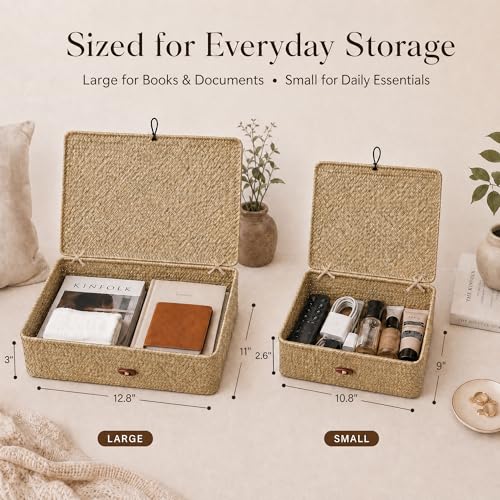 YANGQIHOME Set of 2 Seagrass Baskets with Lids, Rectangular Woven Storage Baskets, Natural Wicker Basket Boxes for Coffee Table, Shelf, Bathroom Counter & Closet Decor (Natural, Set of 2) - color: Natural, size: Set of 2