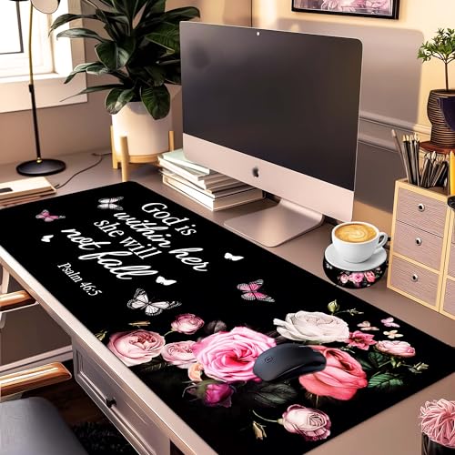 Extended Large Gaming Mouse Pad with Coaster - 35.4 x 15.7 Full Desk Mousepad - Stitched Edges - Ultimate Gaming Desk Mat - Bible Flowers - color: Bible FLowers, size: 35.4L x 15.7W inches