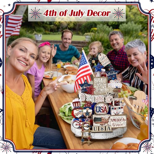 20 Pcs 4th of July Patriotic Tiered Tray Decor Red White and Blue USA Flag Wood Signs Rustic Memorial Day Wooden Tiered Tray Decoration for Independence 250th Anniversary Labor Home Party - style: Vivid Style