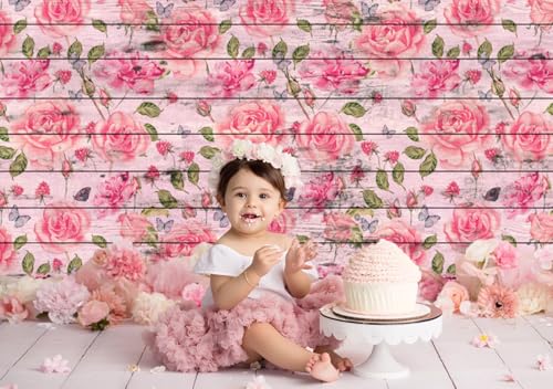 Rustic Wood Backdrop for Photoshoot 10x8ft Vinyl Pink Floral Wooden Board Floor Wall Panel Photography Background Rose Leaves Birthday Wedding Party Decorations Cake Table Photo Props - color: pink floral, size: 10x8ft
