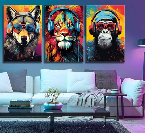 3pcs Gaming Wall Art Animal Graffiti Posters Pictures With Headphones Sunglasses Gorilla Tiger Wolf Cool Gamer Canvas Prints Colorful Graffiti Paintings for Teens Game Boys Room Wall Decor Framed - color: Gaming Animal canvas, size: 24"Lx16"W