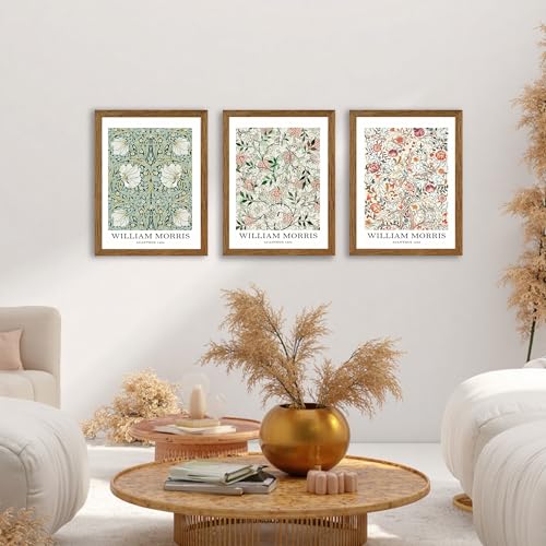 InspiredHues 3 Pieces William Morris Classic Canvas Wall Art, Green Pink and White Floral Design Wall Decor, Vintage Botanical Art Prints for Living Room Office Home Decoration 12x16 inch Wood Framed - color: Morris, size: 16"L x 12"W