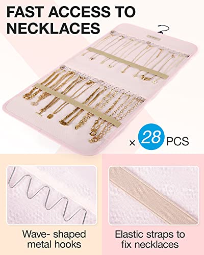BAGSMART Hanging Jewelry Organizer Storage Roll with Hanger Metal Hooks Double-Sided Jewelry Holder for Earrings, Necklaces, Rings on Closet, Wall, Door, 1 piece, Medium, Pink - color: Pink, size: Medium