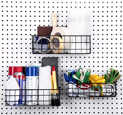 RightArrange Pegboard Baskets, Set of 3 Black - Hooks to Any Peg Board - Square Style Baskets Hold More - Organize Tools, Workbench, Accessories, Garage Storage - Wall Organizer Attachments - size: b. Sizes S+M+L Pack