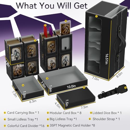 Cortile MTG Commander Deck Box 8-Deck Modular Card Case and 3 Dice Trays- 11-IN-1 Trading Cards Storage Box Holds 800+ Double-sleeved Cards with Handle & Shoulder Strap for TCG/PTCG/EDH, Black Grey - color: Black Grey, style: 8-Deck Modular Case