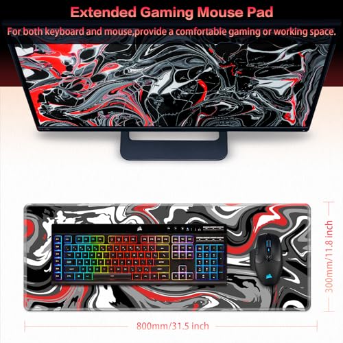 Canjoy Gaming Mouse Pad, Fluid Pattern Mouse Pad 31.5x11.8inch Large Extended Computer Mouse Mat Keyboard Full Desk Mousepad for Gaming, Office, Home - color: Red-Black Fluid, size: 800*300mm