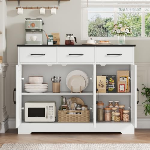 HOSTACK Modern Farmhouse Buffet Sideboard Cabinet, Barn Doors Storage Cabinet with Drawers and Shelves, Wood Coffee Bar with Storage for Dining Room, Kitchen, Living Room, White/Black - color: White/Black