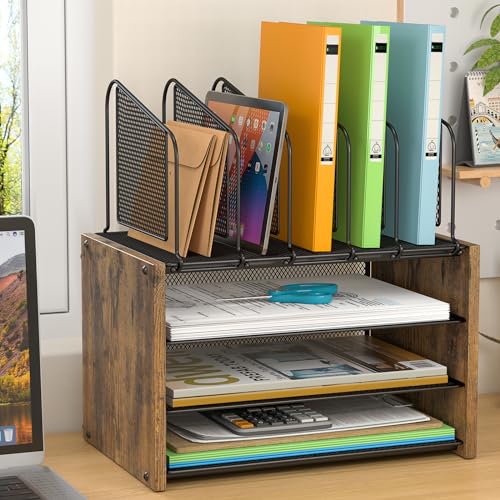 4-Tier Desk Organizer, Desk File Organizer with 5 Vertical File Holders, Office Desktop Organizer with 3 Level Paper Organizer Letter Tray, Wooden Desk Organizers and Accessories for Home Office - size: No Drawer