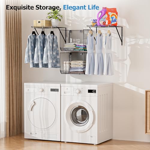 2 Pack Laundry Room Shelves Organization and Storage,Wall Mounted Clothes Drying Rack with Wire Mesh Basket Over Washer and Dryer, (Black, 2 Pack) - color: Black