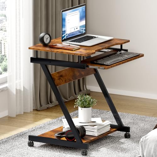 sogesfurniture Retro Computer Desk, Small Mobile Workstation with Keyboard Tray, Printer Shelf & Storage, 23.6x18.9x28.7 inches, Engineered Wood, for Home and Office - color: Retro