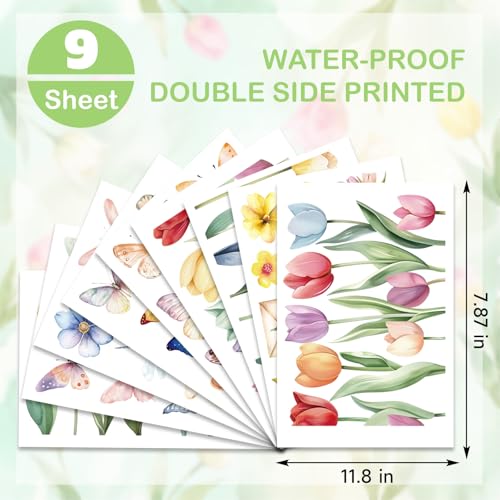 9 Sheets Spring Window Clings Decor, Tulip Floral Butterfly Window Stickers | Spring Decorations for Home, Office, Classroom, Glass Doors, Flower Decals for Summer, Easter, Indoor Party & Event Decor - color: Spring
