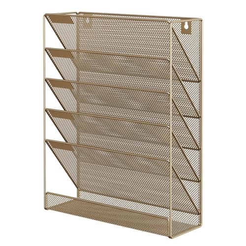 EasyPAG 5 Tier Wall File Holder, Mesh Hanging Folder Organizer with Classify Label, Versatile Desk File Holder, Vertical Wall Mounted Mail Organizer for Office Home Cubicle, Gold - color: Gold