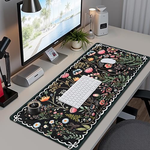 Flower Desk Mat, 4in1 Large Mouse Pad with Wrist Rest, Desk Matt for Desktop, Desk Pad Mat, Anti-Slip XXL Computer Ergonomic Mousepad with Wrist Support for Keyboard and Mouse I Black Florals Weeds - color: Black Florals Weeds